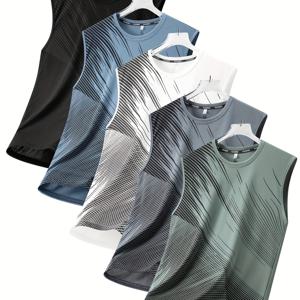 TEMU 남성용 퀵드라이 통기성 민소매 셔츠 5벌 세트 - 라운드넥 & 기하학 패턴, 땀 흡수 체육관 탑, 러닝, 헬스, 하이킹, 아웃도어용 - 벌크 팩 할인 (5벌)|나시티