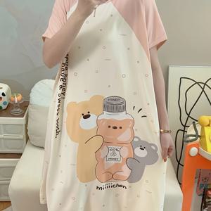 TEMU 여성용 여름 반팔 잠옷 - 귀여운 곰과 하트 프린트 라운드넥 루즈핏 기계세탁 가능 파자마 드레스, 편안한 중간 신축성 소재의 캐주얼 나이트웨어, 청소년 및 성인용