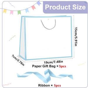 TEMU 10개 세트 (파란 리본 5개 + 파란 선물백 5개) 파란 테두리와 손잡이가 있는 흰색 선물백, 종이 선물백, 쇼핑백, 파란 리본 장식 선물백, 결혼식, 생일, 발렌타인데이, 크리스마스, 추수감사절, 어머니날, 기념품 포장용