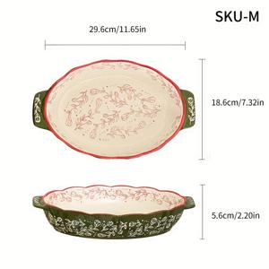 TEMU 1개 빈티지 스타일 세라믹 베이킹 디쉬 핸들 포함 - 녹색 & 빨간 꽃무늬 디자인, 오븐, 전자레인지, 샐러드, 바비큐, 베이킹, 디저트, 피자 만들기에 완벽 - 사계절 내내 사용 가능한 내구성 있는 주방용품, 베이킹 디쉬|꽃무늬 디쉬|내구성 있는 세라믹, 베이킹 디쉬|전자레인지