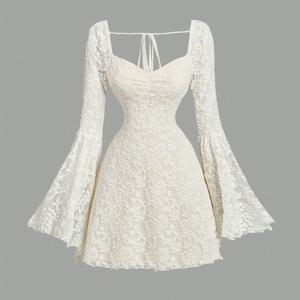 TEMU 여성 화이트 레이스 자카드 벨 슬리브 숏 드레스, 새해 여성 가운, 여름 여성 드레스, 티 파티 드레스, 화이트 졸업 드레스 [ZLLZ]