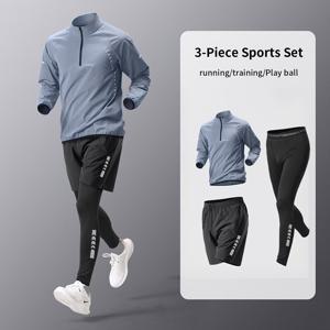 TEMU 3피스 남성용 퀵드라이 스포츠웨어 세트, 신제품 헨리 티셔츠 긴팔 상의, 포켓 지퍼 드로스트링 반바지, 고탄력 레깅스 포함 - 폴리에스터/스판덱스 혼방, 야외 레저, 러닝, 피트니스, 농구, 트레이닝용, 사계절 착용 가능|반바지|남자반바지|티셔츠
