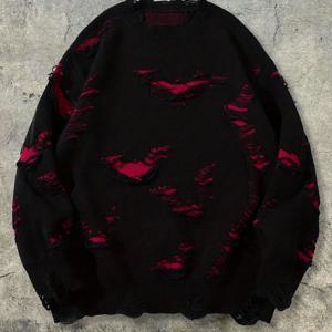 TEMU 남성용 신상 가을/겨울 아메리칸 스트리트 웨스트코스트 디스트레스드 블랙 긴팔 크루넥 풀오버 니트 탑 데일리 캐주얼 웨어