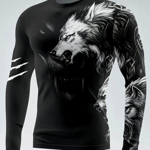 TEMU 남성용 늑대 타투 프린트 긴팔 티셔츠 - 캐주얼 라운드넥 셔츠, 사계절 착용 가능, 세탁기 사용 가능, 늑대 디자인 캐주얼 아웃핏 - 남성 패션 필수 아이템 (없음)