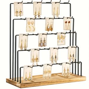 TEMU 30개 후크가 있는 5단 주얼리 진열대입니다. 테이블 상판 주얼리 진열 트레이와 금속 주얼리 진열 스탠드가 있는 나무 받침대가 특징입니다. 귀걸이, 목걸이, 팔찌, 헤어 액세서리, 반지 및 기타 주얼리를 정리하는 데 적합합니다.|링귀걸이