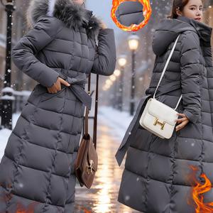 TEMU 겨울용 풀랭스 후드 파카 재킷, 탈착식 인조 퍼 칼라 & 후드 포함 - 롱 퍼퍼 코트, 루즈핏 허리, 풀지퍼 클로저, 벨트 칼라, 추운 날씨용 (그레이/블랙) - 손세탁 가능한 아우터웨어