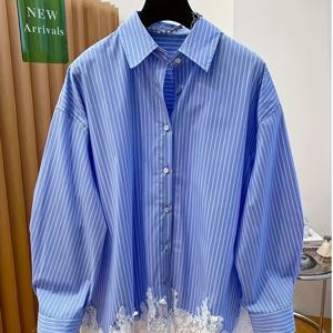 TEMU 플러스 사이즈 - 플러스 사이즈 - 플러스 사이즈 여성용 우아한 긴팔 블라우스, 대비되는 레이스 칼라 & 커프스 - 밝고 가로 방향 , 신축성 없는 원단, 사계절 활용 가능한 캐주얼 & 포멀 웨어 셔츠, 여성 블라우스, 포멀 복장|셔츠