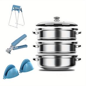 TEMU 상업용 스테인리스 스틸 3단 스팀 & 수프 냄비 5개 세트, 헤비듀티 보울 추출기 & 클립온 뚜껑 포함 - 레스토랑, 뷔페, 케이터링용 다기능 조리기구 (스팀기 & 수프 냄비 겸용)