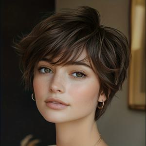 TEMU 여성용 자연스러운 다크 브라운 엘프 컷 인모 가발 | 노글루 로즈 메시 캡, 180% 밀도 짧은 헤어 (결혼식, 파티 & 캐주얼 복장용) - 민감한 두피를 위한 볼륨감 있는 짧은 헤어스타일, 짧은 사이즈