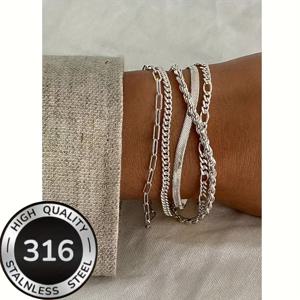 TEMU 5개 세트 은색 316 스테인리스 스틸 쿠바 링크 팔찌, 저자극성, 빈티지 스타일 여성용, 크리스마스 선물 및 캐주얼 장식, 어버이날, 생일 및 발렌타인데이 선물로 완벽