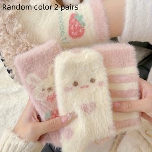 TEMU 4개 여성용 플러시 기모 안감 겨울 따뜻한 중간 길이 양말, 귀여운 만화 곰 & 하트 패턴 - 두꺼운 부드러운 원단, 파스텔 핑크 &