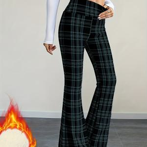 TEMU 여성용 하이웨이스트 두꺼운 보온 벨바지 팬츠 - 겨울용 따뜻한 와이드 레그 핏 바지, 사계절용 고탄력 (단색)