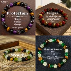 TEMU 여성용 천연석 보호 팔찌 4개 세트 - , 블랙 차크라 & 비즈 그라운딩 주얼리, 탄력 있는 팔찌, 명상, 캐주얼 복장 또는 영적 선물, 연중 진정 효과