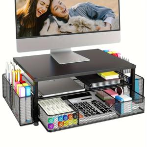 TEMU 데스크 정리함 및 액세서리, 서랍과 2개의 펜 홀더가 있는 2단 컴퓨터 모니터 스탠드, 노트북 스탠드, 사무용품용 오피스 데스크 액세서리, 카본 파이버|컴퓨터책상|모니터받침대
