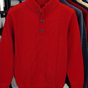 TEMU 남성용 두꺼운 겨울 스웨터 - 다크 브라운레드/ - 버튼 앞면 클로저, 스탠드 칼라 풀오버, 추운 날씨용 - 포멀 & 캐주얼 의상, 니트