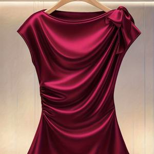 TEMU 솔리드 컬러 새틴 플리츠 보우 웨이스트 셔츠