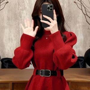 TEMU 여성용 NEWS 우아한 A라인 겨울 드레스 - 벨트 & 롱 퍼프 소매, 라운드넥 드레스, 솔리드 컬러 겨울 파티 웨딩 게스트 가운, 드라이클리닝 전용 A라인 드레스 (가을/겨울 시즌)