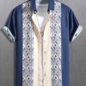 TEMU 남성용 반팔 셔츠, 편안한 디지털 프린트 기하학 패턴, 봄, 여름, 가을용, 휴일 및 캐주얼 외출에 적합, 100% 소재, 세탁기 사용 가능 (드라이 클리닝 불가). MXCY B-2