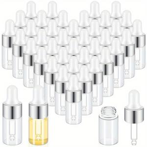 TEMU 100개 미니 유리 드로퍼 병 대량 투명 에센셜 오일 드로퍼 병 소형 유리 샘플 용기 향수 액체 화장품 샘플 바이알 캡 포함 여행용 (은색, 3ml)