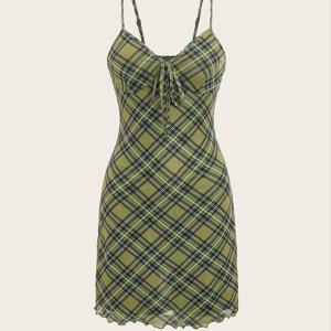 TEMU 디렉셔널 개발 플라이트 프린트 타이-프론트 캐미 드레스 타탄 프린트 프론트 타이 캐미 스커트 우아한 캐주얼|여름원피스