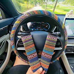 TEMU 민족 스타일의 린넨 소재의 범용 자동차 핸들 커버 (시트 벨트 숄더 패드 포함)