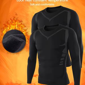 TEMU 남성용 보온 플리스 안감 긴팔 압박 스포츠 탑 2개 세트 - 스키, 러닝, 하이킹, 사이클링 및 체육관용 - 가을 및 겨울용