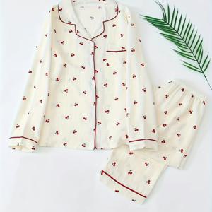 TEMU 편안한 딸기 프린트 긴팔 상의 (버튼 포함), 롱 팬츠가 포함된 신축성 있는 허리 캐주얼 세트.