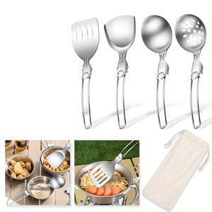 TEMU 5/7피스 야외 캠핑 접이식 조리기구 세트, 휴대용 & 내구성 강한 304 스테인리스 스틸 식기 (국자, 구멍뚫린 숟가락, 밥주걱, 뒤집개 포함) – 소형 피크닉, 하이킹 필수 여행 주방 키트
