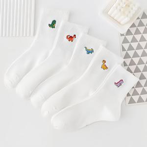 TEMU 여성용 미드 캐프 양말 5켤레 세트, 사계절용 자카드 공룡 프린트, 캐주얼 롱 다용도 양말