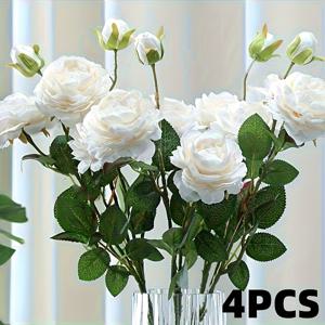 TEMU 4개 묶음 리얼한 실크 모란 부케 - 생생한 부드러운 핑크색과 흰색 꽃 3개와 녹색 잎, 결혼식, 발렌타인데이 장식, 공예, 홈 데코에 적합 - 관리가 필요 없는 실크 테이블탑 센터피스.