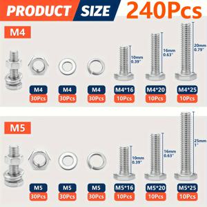 TEMU 240개 스테인리스 스틸 볼트 및 너트 세트 - 304 등급으로 제작되었으며, 14가지 일반적인 크기 (M4, M5, M6, M8)가 특징이며, 내구성이 뛰어나고 정리된 보관 상자가 함께 제공됩니다. 강력한 연결을 위한 간편한 설치를 위해 설계되었으며, 오른손 나사산, 8점 드라이브.