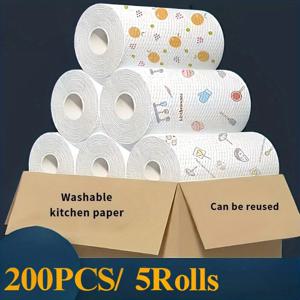 TEMU 5롤, 200매 - 흡수력이 뛰어난 체리 프린트 일회용 주방 타월, 다층 속건성 청소용 천, 기름때, 바닥 및 조리대에 적합 - 강력한 디자인, 주방, 거실, 파티오에서 사용하기에 이상적|수건