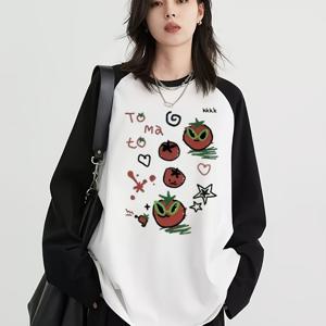 TEMU 여성용 Y2K 오버사이즈 긴팔 티셔츠 - 귀여운 토마토 & 한글/영문자 프린트, 부드러운 라운드넥 캐주얼 탑, 루즈핏 가을/겨울 데일리 코디룩