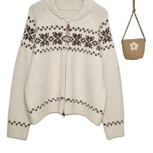 TEMU 우아한 빈티지 눈꽃 패턴 스웨터 | 부드럽고 따뜻한 스탠드 칼라 가디건, 루즈핏, 가을/겨울 필수템