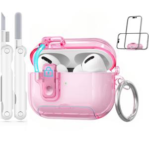 TEMU 에어팟 4/프로 2/프로 3용 새 제품 케이스, 폰 스탠드 & 보안 잠금 기능 투명 커버, 청소 키트 & 키체인 포함 (클리어 핑크) - 에어팟 프로3 2025 호환