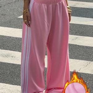 TEMU 여성용 겨울 보온 와이드 레그 조거 팬츠 - 핑크 가로 줄무늬 (화이트 ) 논스트레치 바지, 두꺼운 따뜻한 캐주얼 팬츠, 캐주얼 복장, 세탁기 사용 가능한 겨울 바지