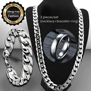 TEMU 3종 세트: 목걸이 + 팔찌 + 반지 - 클래식 남성 웨딩 주얼리 세트, 변색 없는 알러지 프리 실버 스테인리스 스틸 쿠바 체인 목걸이와 팔찌, 4mm 라운드 링, 크리스마스, 아버지의 날, 발렌타인데이, 기념일 선물