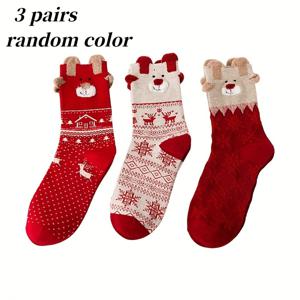TEMU 여성용 크리스마스 사슴 프린트 미드-카프 양말 3켤레 - 부드럽고 편안한 겨울 따뜻함, 멀티 컬러 (레드, 브라운), 축제 분위기의 눈꽃 & 사슴 디자인, 손세탁 가능, 크리스마스 & 추수감사절 선물, 크리스마스 양말, 시즌 패션