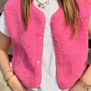 TEMU 우아한 신상 패션 여성용 단색 밝은 핑크색 크루넥 조끼 | 긴소매, 싱글 브레스트, 캐주얼 따뜻한 웨어, 올 시즌
