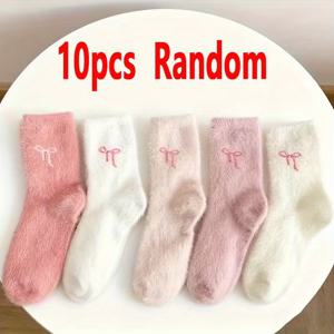 TEMU 14/10/6개 7/5/3켤레 랜덤 소프트 귀여운 여성용 겨울 리본 플러시 양말, 사랑스러운 달콤한 중목 두꺼운 보온 수면 양말