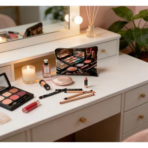 TEMU 메이크업 도구 프린트가 있는 메이크업 파우치 - 립스틱, 아이섀도우, 블러셔가 들어가는 휴대용 화장품 정리함 - 휴가, 체육관, 캠핑, 일상 사용에 적합한 귀여운 카툰 메이크업 파우치, 2D 플랫 디자인