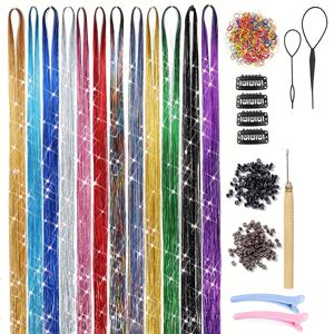 TEMU 2400 개의 실버 스트랜드 헤어 익스텐션 키트 - 12 개의 밝은 색상, 직선 헤어, 남녀 공용 성인용, 우아한 스타일, 오래 지속되는 47 인치 스트랜드, 적용 도구로 쉽게 적용할 수 있는, 여성용 빛나는 헤어 액센트