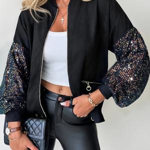 TEMU 유럽 및 미국 스타일의 스팽글 패치워크 스타일리시 가디건 재킷, 단색 지퍼 디자인