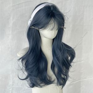 TEMU 누구나 위그, 헤이즈 블루 빅 웨이비 앞머리, 일상 파티 행사용 풀헤드 가발