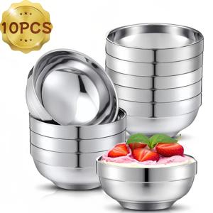 TEMU 10개입, 이중층 스테인리스 스틸 기하학적 라운드 광택 메탈 보울, 녹 방지 열 절연 안티-깨짐 수프 보울, 디저트 보울, 밥 그릇 가정용 주방 레스토랑 호텔