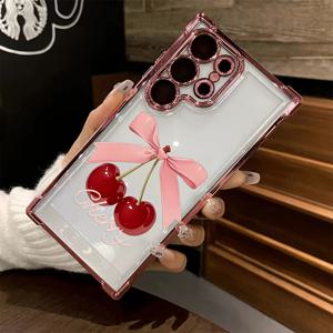 TEMU 삼성 갤럭시 S25, S24, S23, S22, S21 FE 울트라 플러스와 호환되는 스타일리시한 핑크 체리 폰 케이스, 투명한 소프트 백으로, 4G 및 5G 모두에 대하여 방수 방진 기능을 제공합니다.