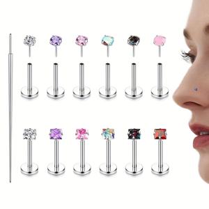 TEMU 2D 플랫, 12개입 저자극성 외과용 스테인리스 스틸 스레드리스 코링 - CZ 푸시인 플랫 백 연골용, 여성 및 남성용, 라브렛/입술/피어싱 주얼리, 헬릭스, 트라거스, 콘크, 콧구멍 피어싱용