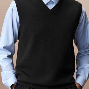 TEMU 남성용 블랙 V넥 니트 슬리브리스 카디건 - 캐주얼, 신축성 있는 원단, 정상 핏, 봄과 여름에 완벽, 캐주얼 웨어|V넥 카디건|신축성 있는 니트