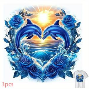TEMU 3pcs 블루 로즈와 돌핀 하트 모양 패턴 티셔츠 열전달 스티커 DIY용. 쉽게 다리미로 붙일 수 있으며 의류 장식에 적합, 특히 의류 공장에 특화된 디자인. 절단 및 부드러운 접합이 가능하며, 재료로 제작되어 백팩 및 쿠션에 적합. 간단한 사용법, 높은 강도 및 찢어짐 방지 기능, 이미지만 제공.