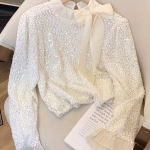 TEMU 여성용 반투명 스팽글 블라우스 리본 디테일 - 봄/가을 레이어링용 한국식 캐주얼 시크 탑, 스탠드업 칼라 논스트레치 셔츠, 목 장식이 있는 가을 의류, 나비 소매 디자인, 정교한 공예, 세련된 스티칭, 패셔너블 여성용 상의